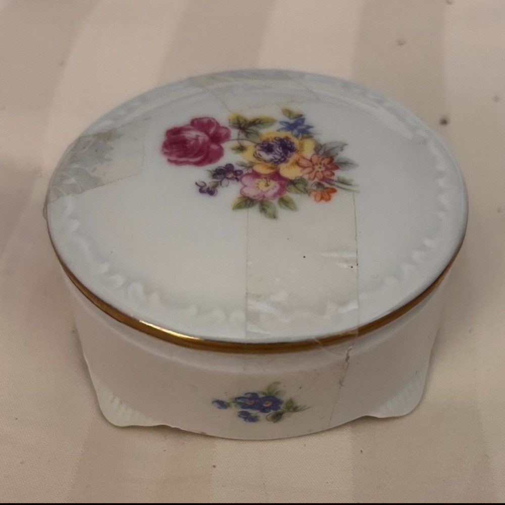 Vintage Floral Porcelain Trinket Box, 3”